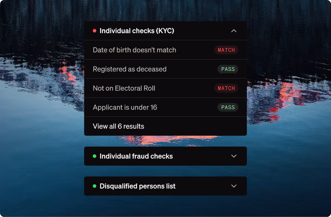 Verify dashboard showing KYC check results including date of birth, electoral roll, and fraud screening statuses