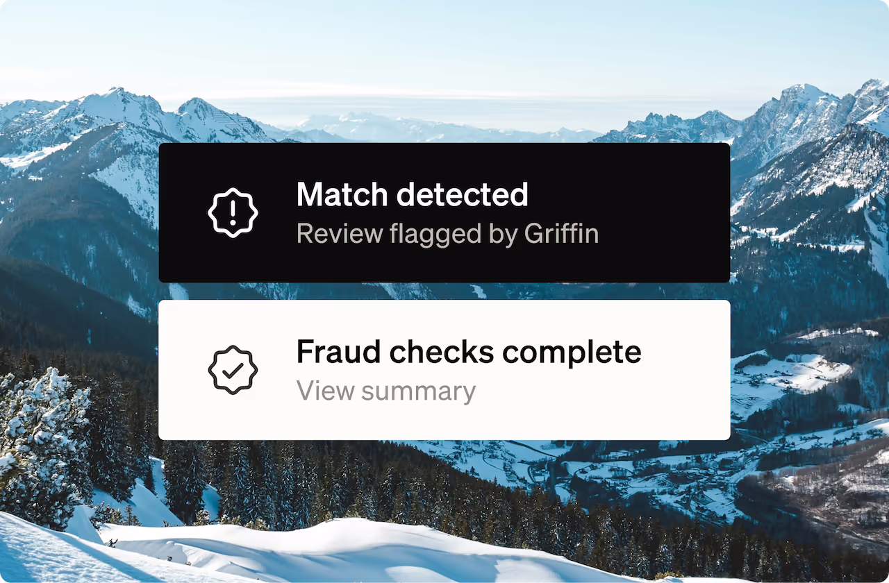 Verify alerts showing a flagged review notification alongside a completed fraud checks status